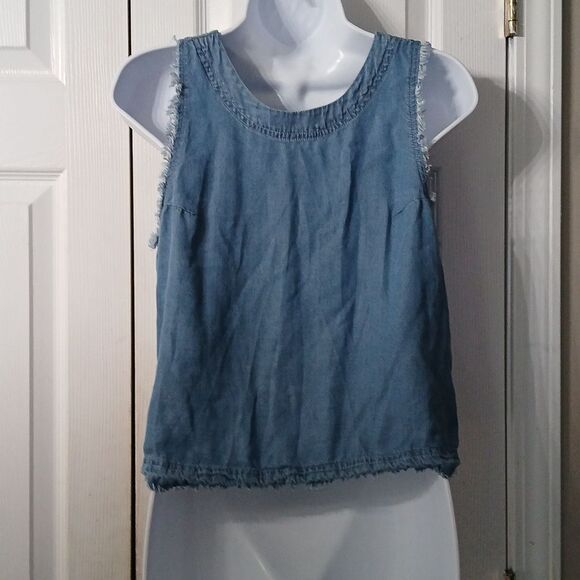 Thread & Supply Denim button down sleeveless raw hem top Sz S EUC - Picture 5 of 7